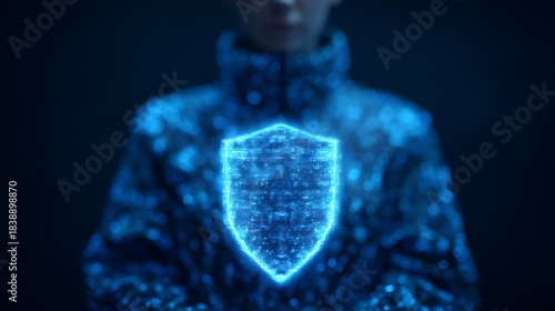 A futuristic figure displays a glowing digital shield, symbolizing cybersecurity and protection in a dark, high-tech environment.