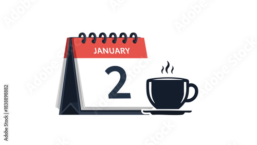 Illustration of a desk calendar displaying January second next to a steaming cup of coffee, symbolizing new beginnings, fresh starts, and daily