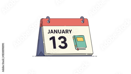 January 13th calendar with book illustration. Symbolizes academic planning, study, reading, important educational dates. Clean, minimalist design