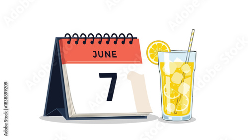 A crisp illustration featuring a tabletop calendar displaying June 7, positioned beside a tall, ice-filled glass of fresh lemonade, evoking a