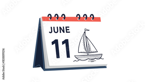 Desk Calendar Displaying June Eleventh Date with Hand-Drawn Sailboat Symbolizing Summer Leisure and Marine Adventures