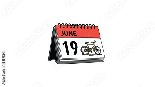 Detailed illustration of a desktop calendar displaying the date June 19 alongside a classic bicycle emblem, clearly representing seasonal leisure