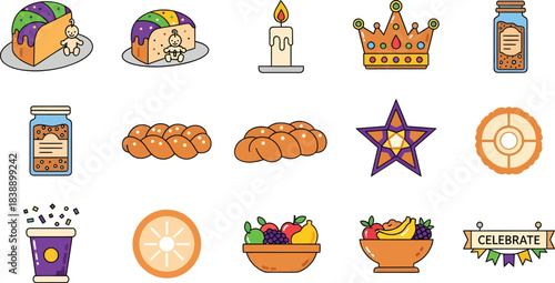 Epiphany celebration icons with bread, candles, crowns, stars, drinks, snacks, and festive Christian elements.