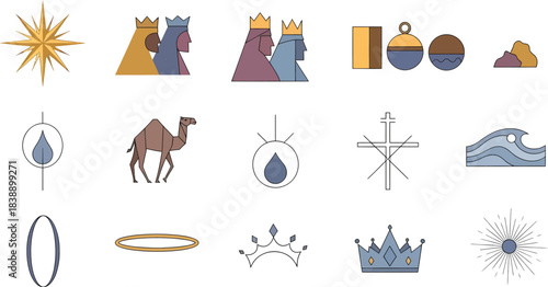 Epiphany Christian icon set with Magi, stars, camel, crowns, waves, symbols, and holy elements.