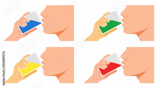 Four panels showing people drinking various colored liquids from glasses.