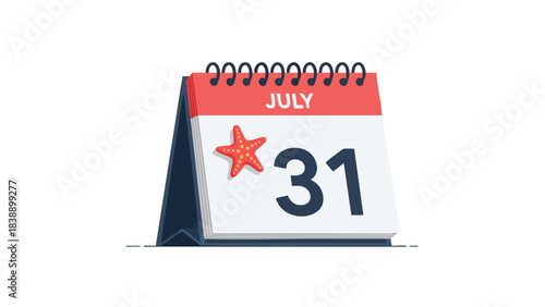 Vibrant July 31st calendar, featuring a starfish. Symbolizes summer vacation, beach holidays, important end-of-month dates. Great for seasonal
