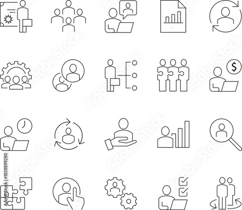 Business Management Line Icons Set: Human Resources, Teamwork, Strategy, Analysis, and Organization Symbols. Editable Stroke Vector Graphics.