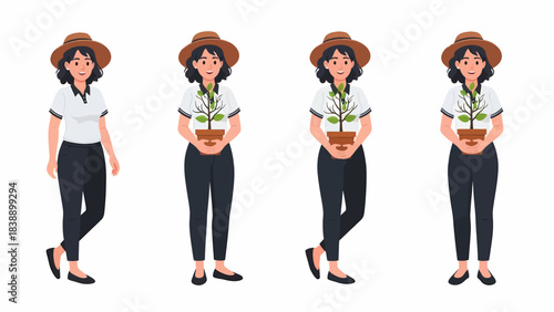 Four vector illustrations of a smiling young woman wearing a hat, some holding a small potted plant, representing gardening and plant care.