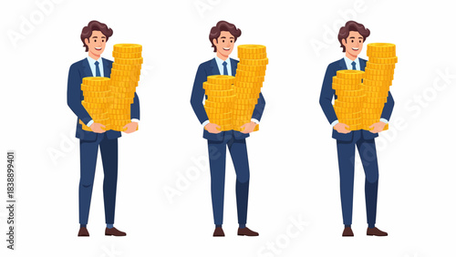 Three identical cartoon businessmen in suits happily holding large stacks of gold coins, representing wealth and financial success.