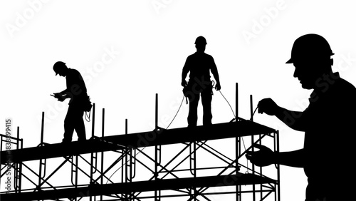 Silhouettes of three construction workers on scaffolding against a white background, engaged in building activities.
