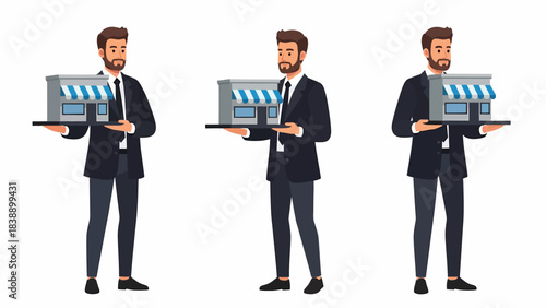 Three cartoon businessmen in suits presenting a small shop model on a tray.