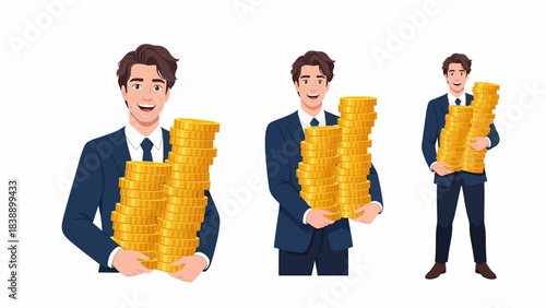 A happy businessman in a suit holding large stacks of gold coins, illustrating financial success and wealth on a white background.