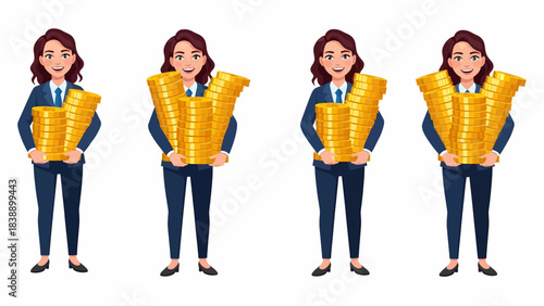 Four cartoon businesswomen in suits holding large stacks of golden coins, symbolizing wealth and financial success.