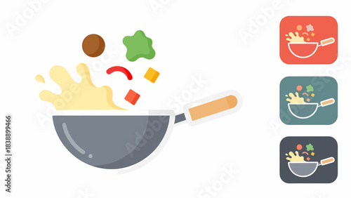 A colorful illustration of a wok tossing various ingredients like vegetables and meat with a splash of sauce, depicted in a flat design style.