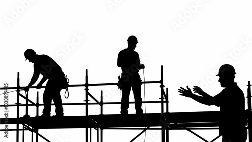 Three silhouetted construction workers on scaffolding against a bright white background, illustrating industrial labor.