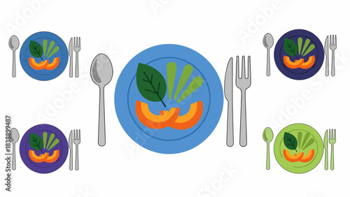 Multiple colorful place settings with plates, cutlery, and healthy food items arranged on a white background.