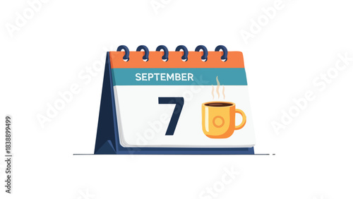 An illustration of a vibrant desk calendar highlighting September 7, perfectly paired with a steaming hot coffee mug, symbolizing a cozy start to an
