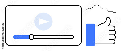 Video content theme. Video features thumbs up play button and progress bar media consumption. Thumbs up signifies social engagement for marketing, streaming, education, entertainment, branding