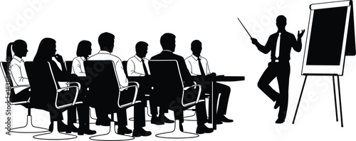Business presentation meeting silhouettes with speaker pointing at flip chart addressing seated corporate team