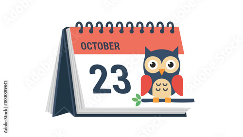 A delightful calendar illustration for October twenty-third, adorned with a wise, stylized owl resting on a leafy branch against a crisp white