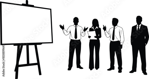 Business team silhouettes presenting idea on board showing corporate meeting teamwork professional discussion isolated on white background concept