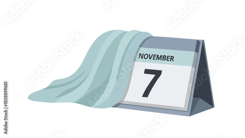 A calm graphic depiction of a desk calendar showing November 7, draped with light blue fabric, symbolizing pending dates, important schedules, and