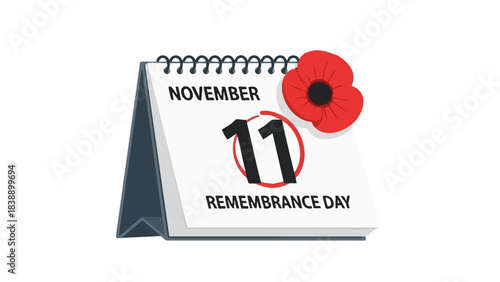 A graphic illustration of a desk calendar marking November 11th as Remembrance Day, prominently featuring a symbolic red poppy to honor military