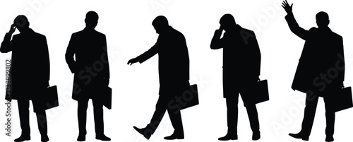 Businessman silhouettes with briefcases showing walking talking calling waving professional corporate people isolated on white background studio concept
