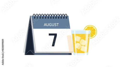Refreshing summer date illustration: A vibrant yellow iced lemonade with a fresh lemon slice accompanies an august seventh desk calendar,