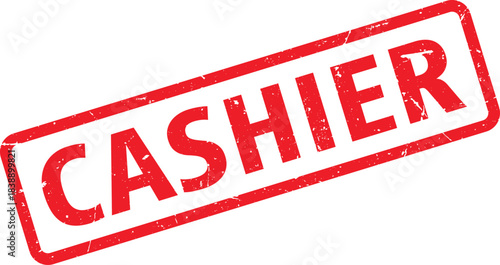 Red Cashier Rubber Stamp on White Background, Distressed Effect for Text and Frame