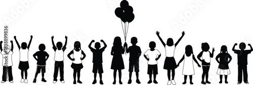 Children silhouette group celebrating together with balloons, joyful kids standing in a row on white background