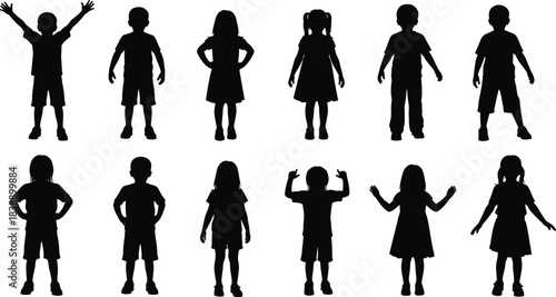 Children silhouettes set showing boys and girls standing happy playful kids poses isolated on white background concept
