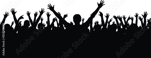 Crowd silhouettes raising hands showing celebration freedom unity success concert audience isolated on white background motivation concept