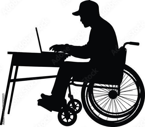 Disabled businessman silhouette working on laptop in wheelchair representing accessibility, remote work and inclusive professional lifestyle isolated on white background