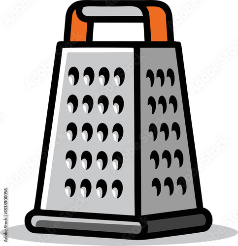 A detailed illustration of a kitchen grater with an orange handle.