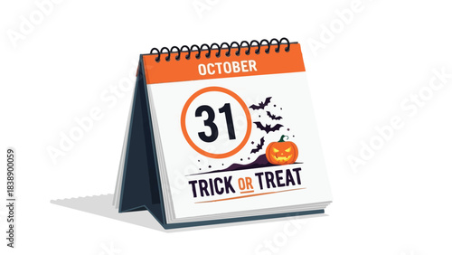 Halloween desk calendar showing October 31st with a carved pumpkin, flying bats, and 'TRICK OR TREAT' message