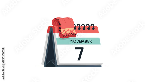 A clear flat design calendar illustration presenting the date November 7th, accompanied by a cozy rolled red blanket, distinctly representing autumn