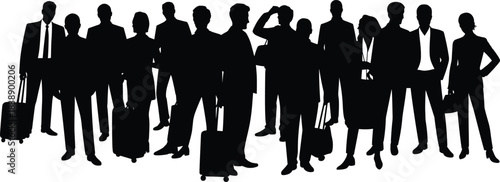 Group of business people silhouettes standing together with luggage, professional men and women isolated on white