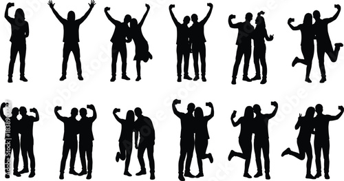 Happy people silhouettes celebrating success together showing victory teamwork friendship energy isolated on white background motivation concept