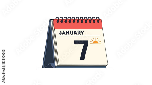 Modern graphic of a flip calendar page showing 'January 7' and a bright sun icon. This visual element represents specific dates upcoming events and