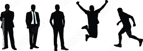Man silhouettes set showing standing jumping running success energy confidence lifestyle isolated on white background motivation concept