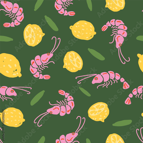Mediterranean food seamless pattern with hand drawn shrimps, lemons and herbs on green background. Colorful vector illustration for kitchen textiles, seafood packaging and summer recipe