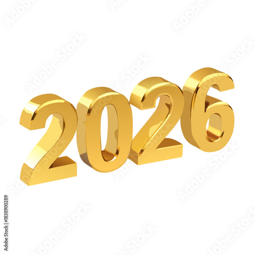 Golden 3D render of the number 2026, a metal symbol for the New Year holiday celebration and business sales