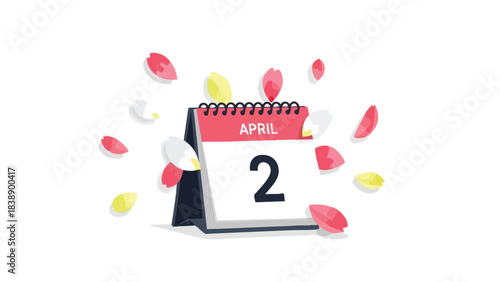Minimalist spring calendar showcasing April second with vibrant falling petals and cheerful aesthetic
