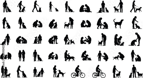 People with dogs silhouettes set showing walking training playing pets lifestyle family love isolated on white background concept