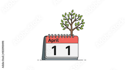A vibrant April 11 calendar page with a growing tree, symbolizing environmental care and spring growth