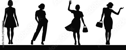 Woman silhouettes collection showing walking waving posing stylish female lifestyle fashion confidence isolated on white background concept