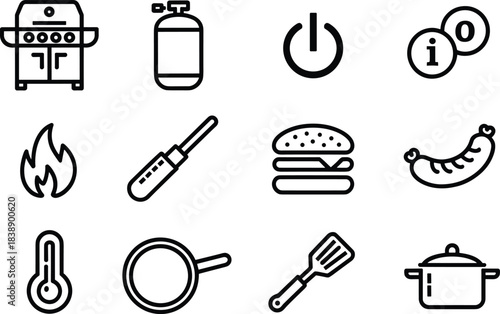 Barbecue and grilling equipment icons cylinder power