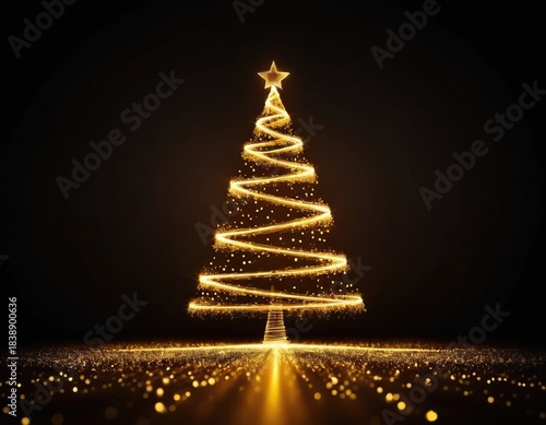Glowing golden christmas tree with sparkling light trails and a star on a dark background, festive digital illustration