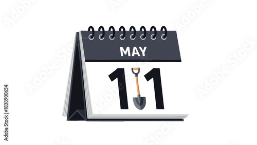 An engaging illustration showcasing a desk calendar for May 1st with a symbolic shovel, representing themes of labor, construction, planting and new